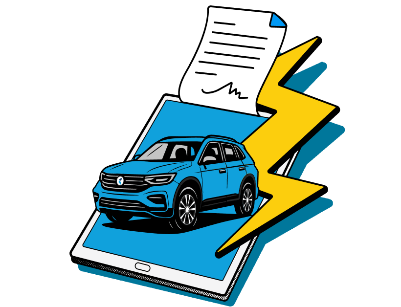 Illustration of a blue SUV emerging from a tablet screen with a yellow lightning bolt and a signed document in the background.