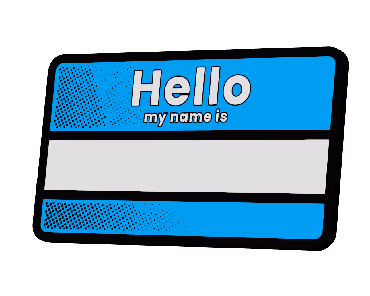 Blue and white nametag sticker with text 'Hello my name is' and a blank space for writing a name.