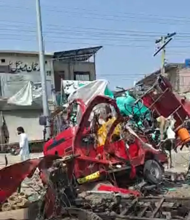 Destroyed and mangled vehicle in the aftermath of a VBIED attack on a police post in Bannu, Khyber Pakhtunkhwa, Pakistan on 9 May 2026