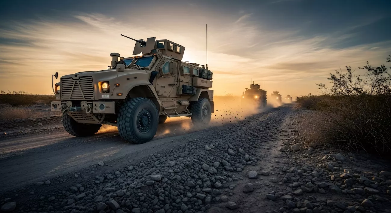 onvoy of armored military vehicles driving along a desert road at sunset, highlighting OEM heavy vehicle manufacturing capability