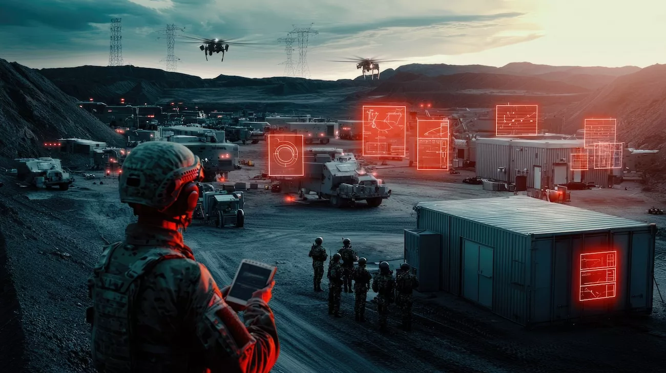 Soldier using tablet to monitor tactical data and drone surveillance at a forward operating base, representing OEM defense technology integration