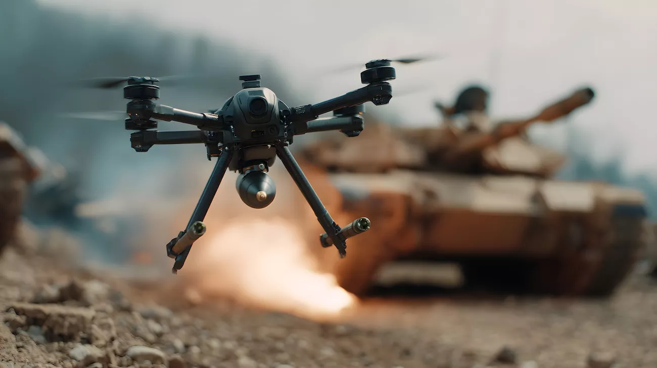 Tactical quadcopter drone in flight near an armored military vehicle, showcasing OEM unmanned systems manufacturing