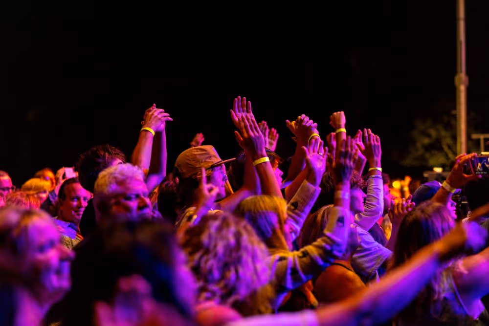 Crowd of people cheering and raising their hands at an outdoor nighttime event.