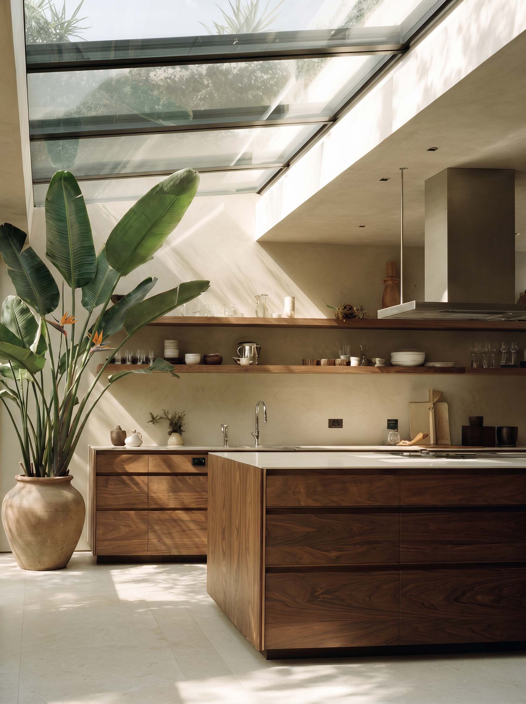 Moderne Küche mit Holzfronten und Glasdach – Premium Interior Design