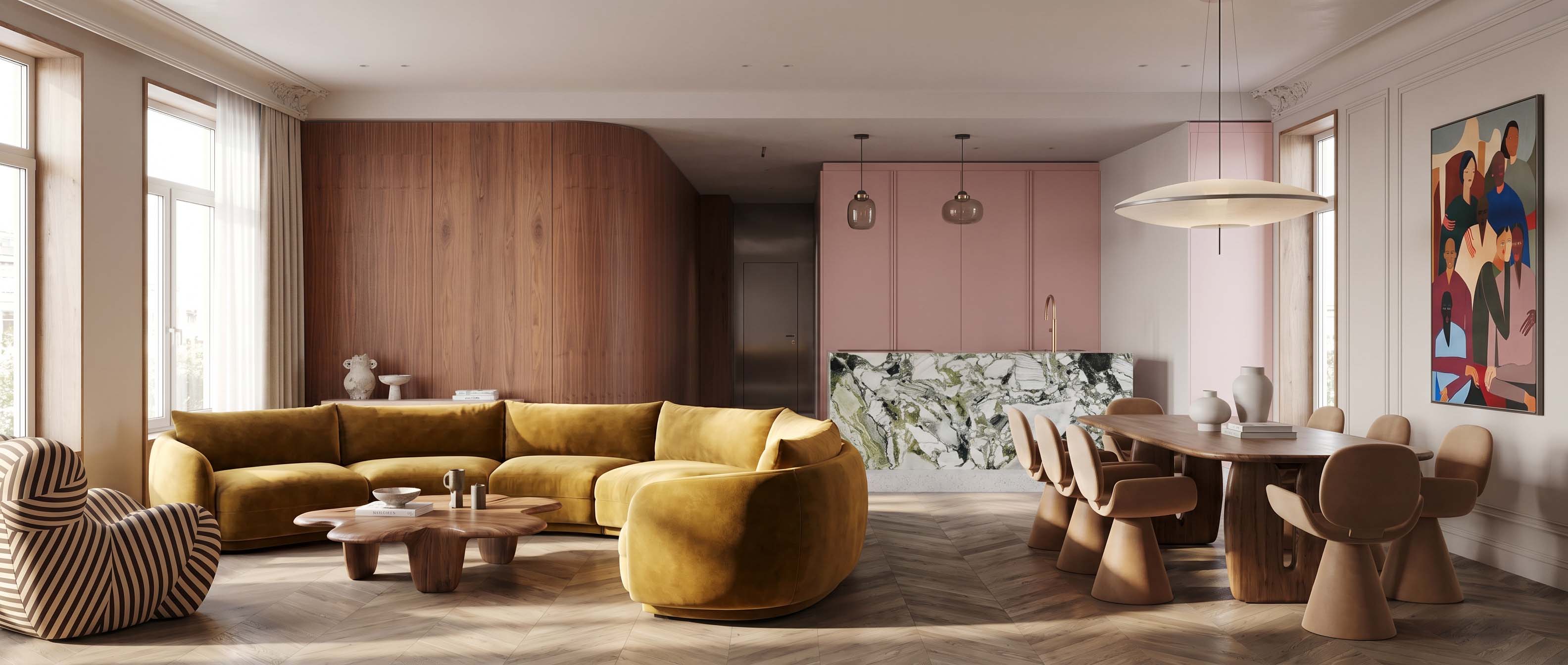 Elegantes Wohnzimmer mit Marmorkücheninsel und Senfgelbem Sofa – Premium Interior Design