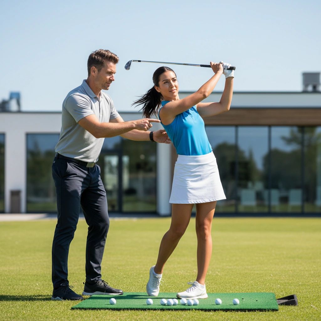 Golfer demonstrating proper swing mechanics during Georgetown golf physical therapy training session