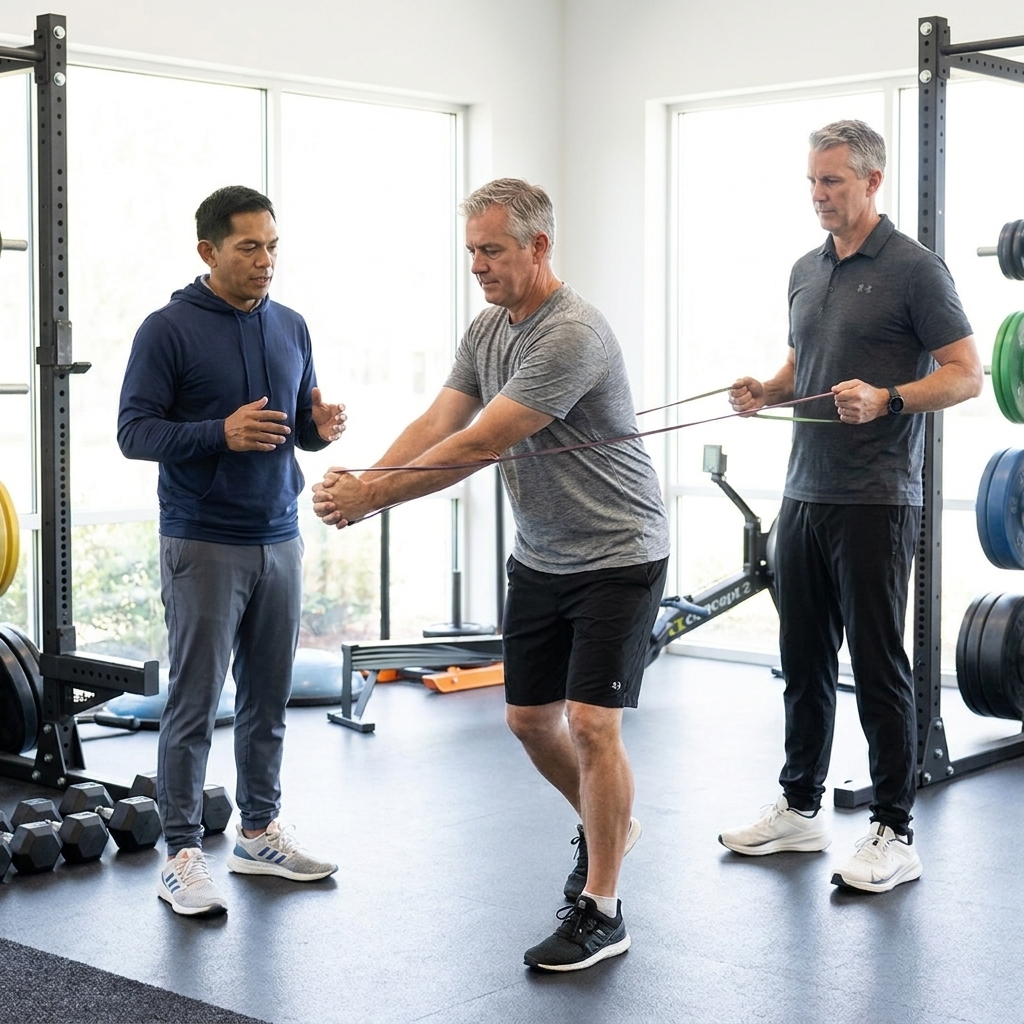 Patient performing golf-specific rotational strength training with a physical therapist at a sports performance clinic in Georgetown, TX