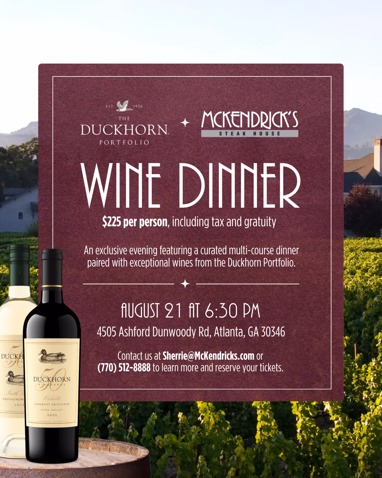 Wine dinner event flyer by Duckhorn and McKendrick's with date, location, price, and contact info.
