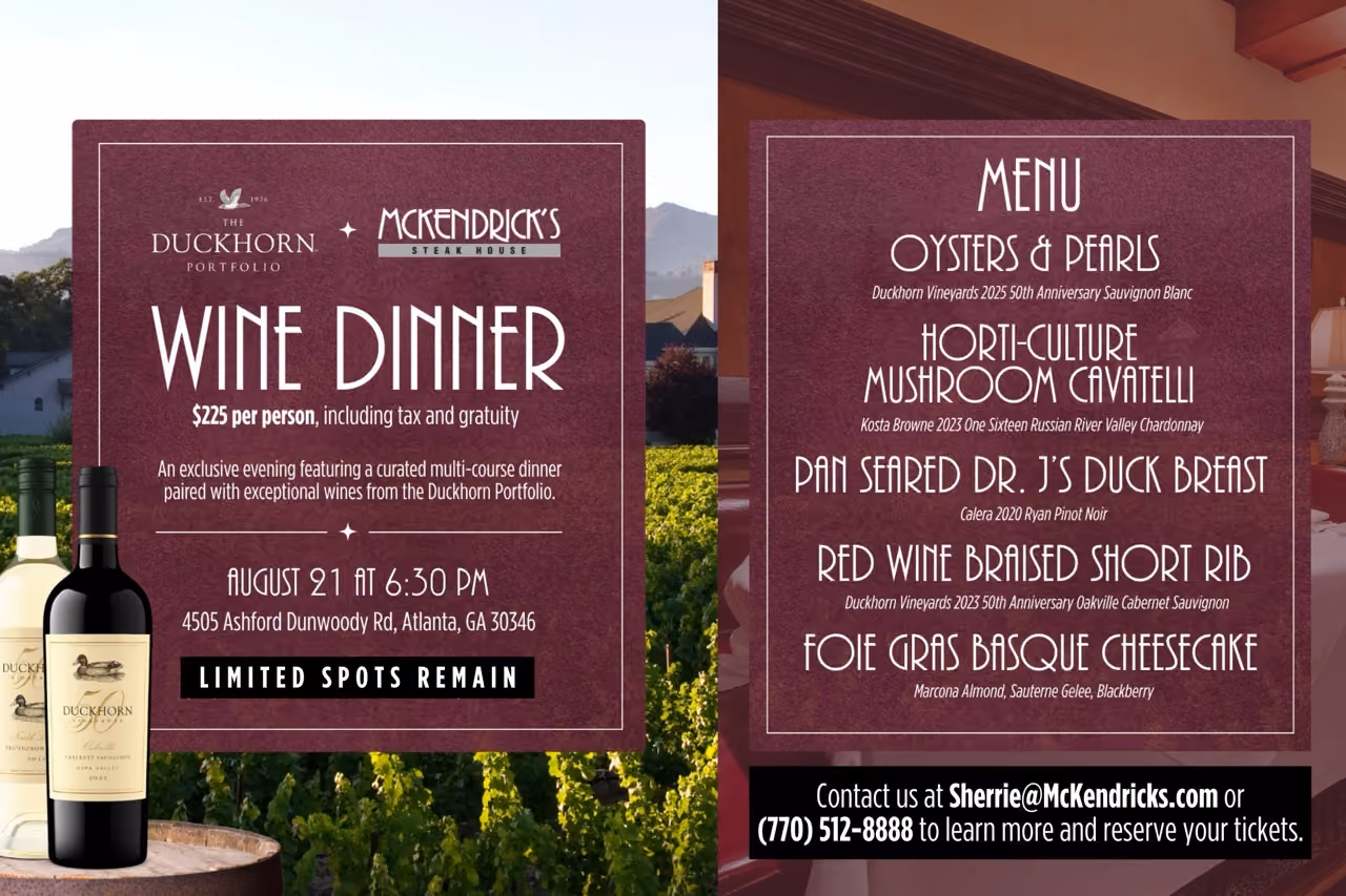 Flyer for Duckhorn wine dinner event on August 21 in Atlanta with menu items and contact details.