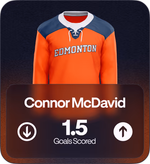 Orange and blue Edmonton hockey jersey above a stats card showing Connor McDavid with 1.5 goals scored.