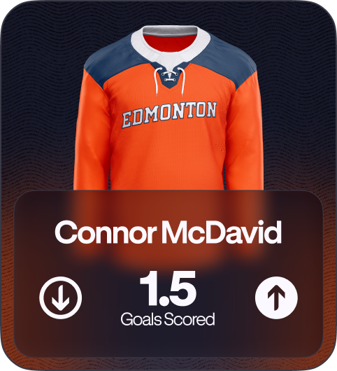 Orange and blue Edmonton hockey jersey above a stats card showing Connor McDavid with 1.5 goals scored.