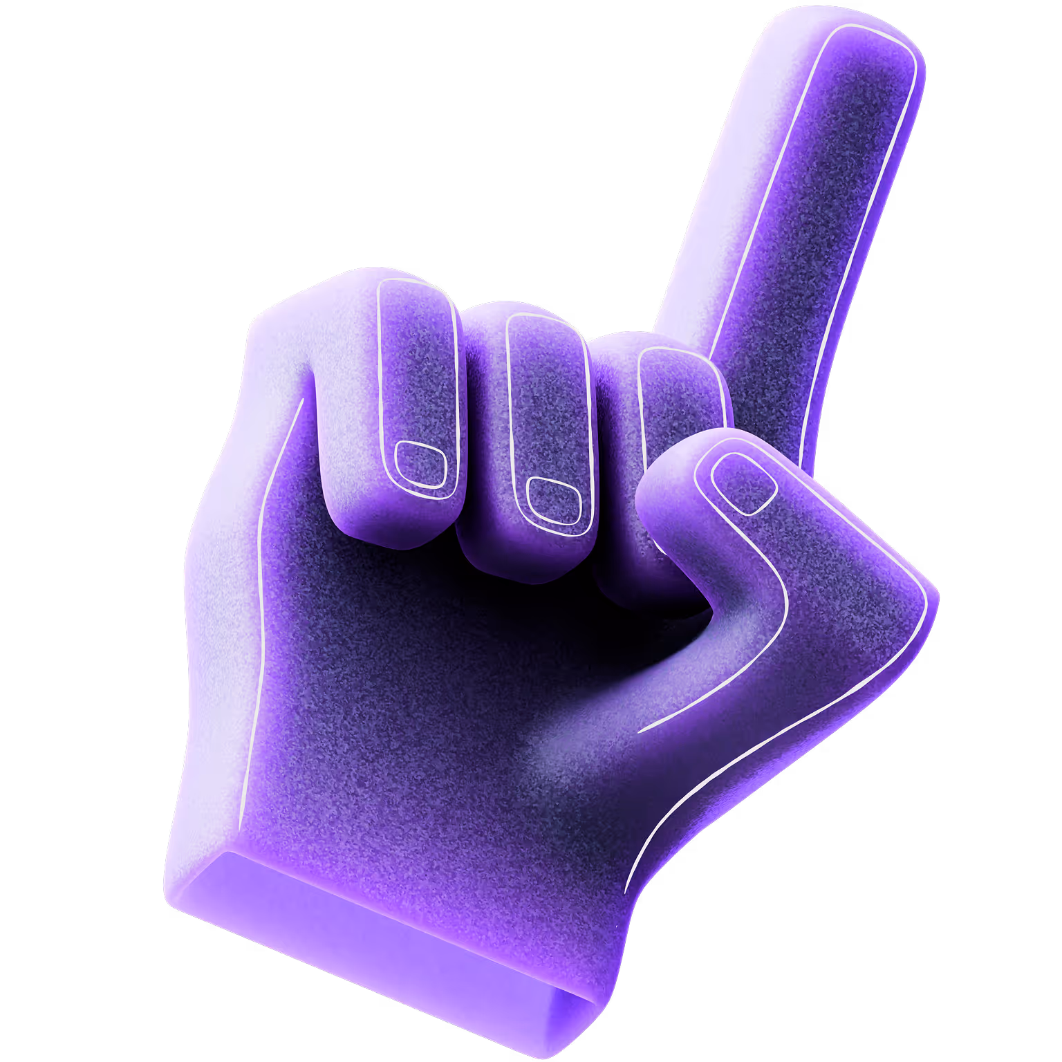 Purple foam hand shaped with the index finger pointing up as a number one gesture.