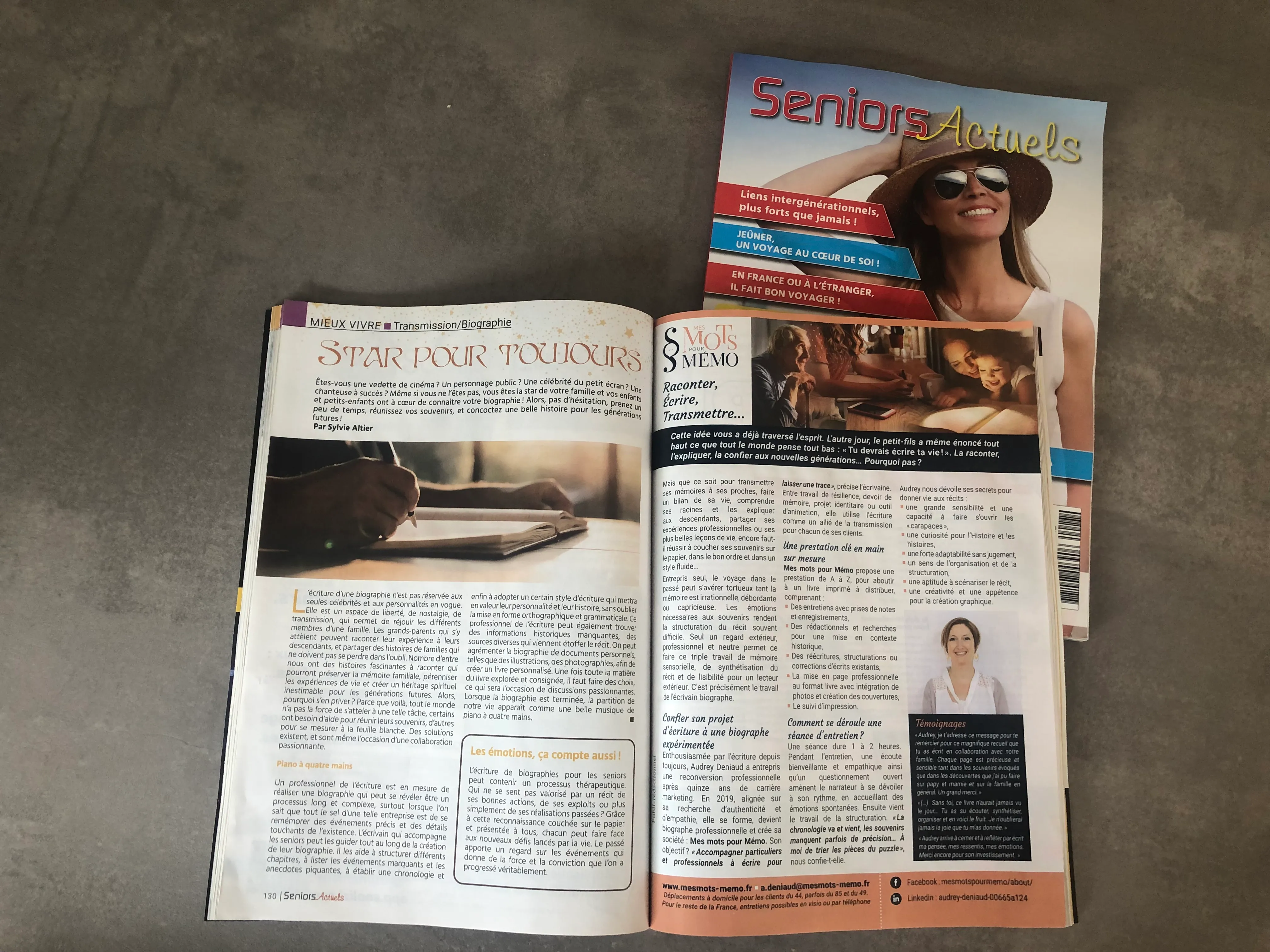 Article du magazine Seniors Actuels qui parle de la transmission et des biographies de Mes Mots pour Mémo