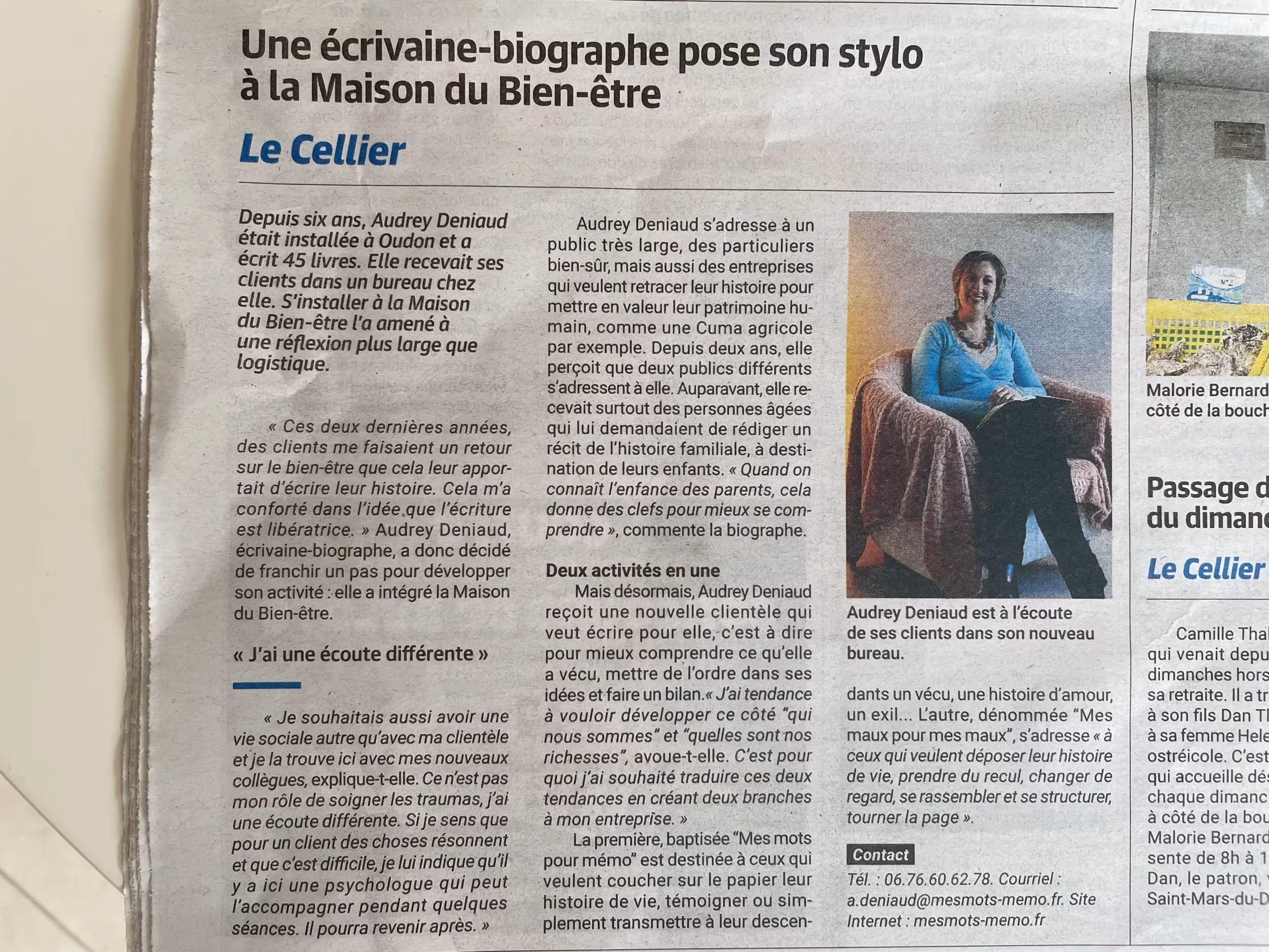 Extrait de l'article de journal de l'Écho d'Ancenis parlant de l'activité des pratiques narratives de Mes mots pour Mémo