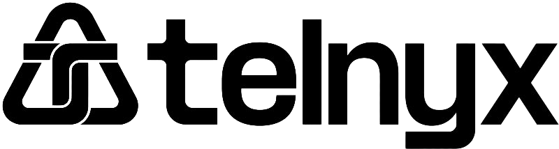 Telnyx company logo in black and white with a stylized triangle and chain link symbol.