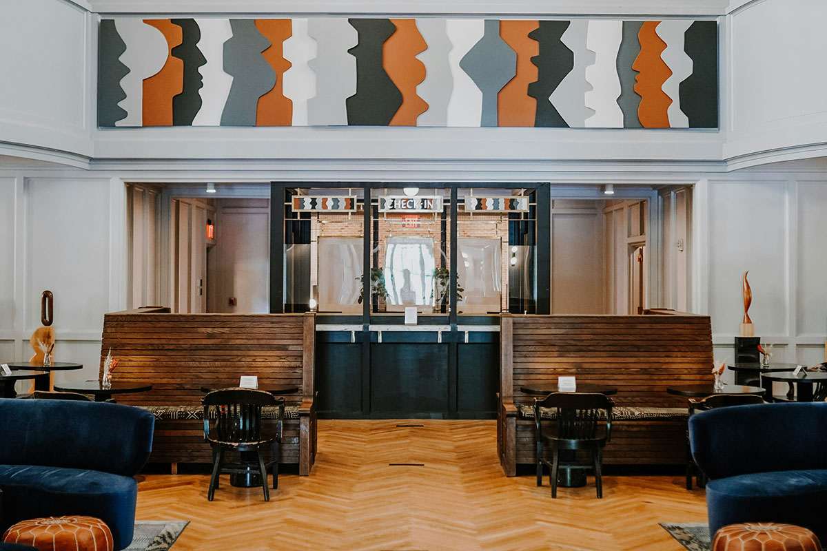 Hotel lobby with warm lighting and modern decor