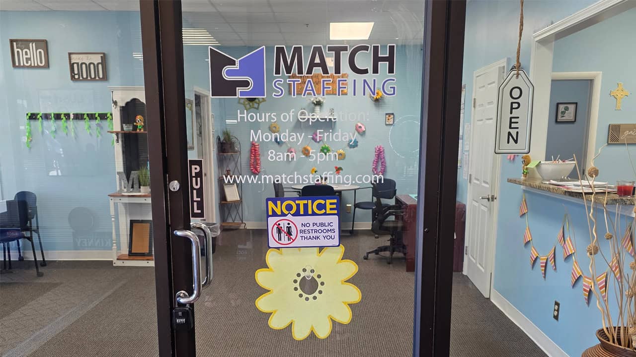 Exterior of the Match Staffing staffing office in Conyers, Georgia