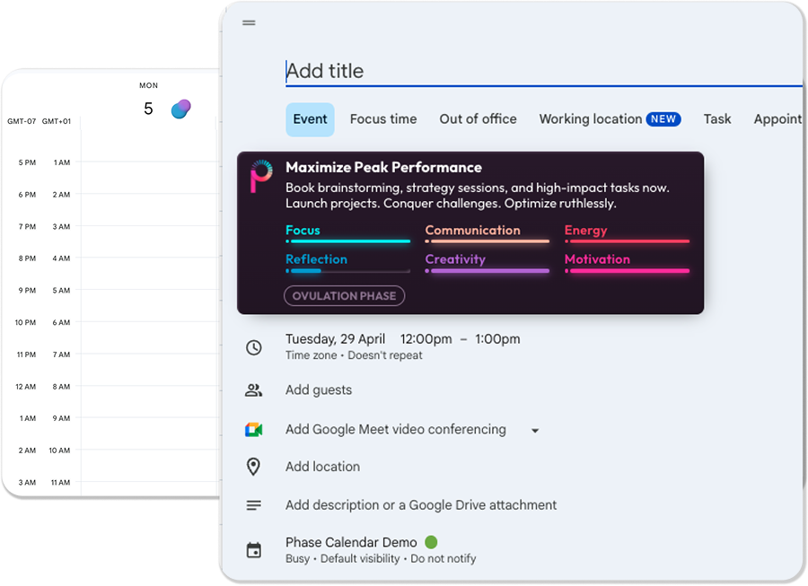 Screenshot of the Phase browser extension integration in Google Calendar