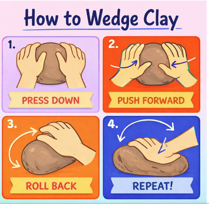 Colourful illustrated guide titled “How to Wedge Clay”, showing four steps: press down on the clay, push it forward, roll it back, then repeat.