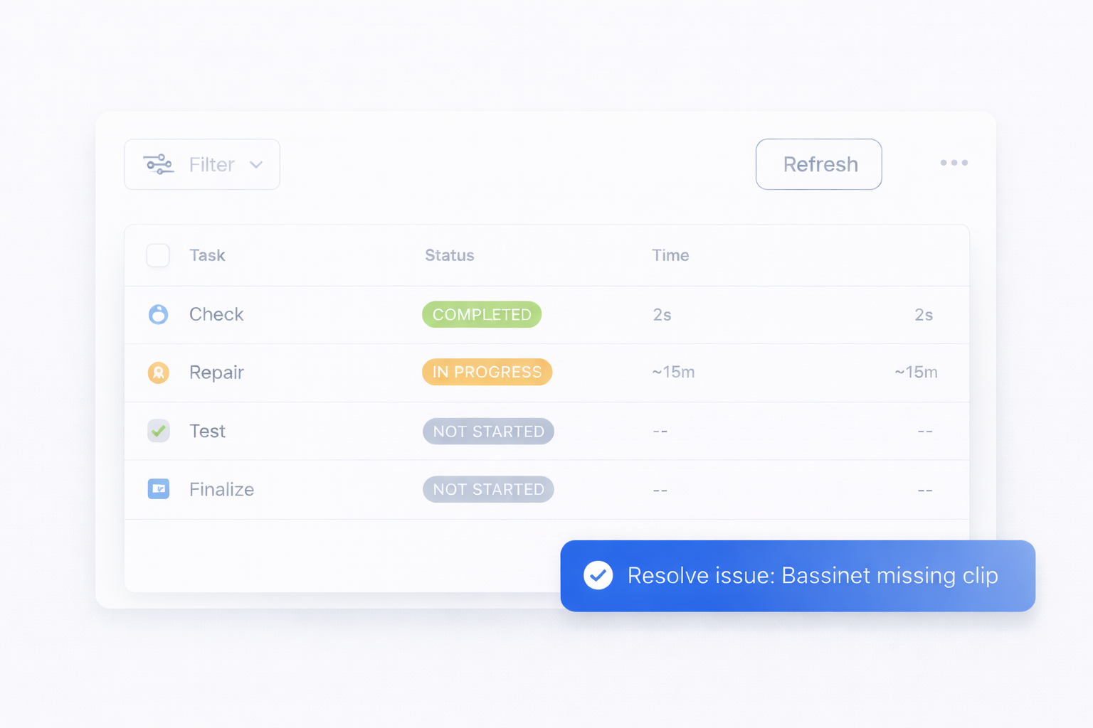 Task list with columns for Task, Status, and Time showing Check completed in 2 seconds, Repair in progress for about 15 minutes, Test and Finalize not started, and a pop-up notification stating resolve issue: Bassinet missing clip.
