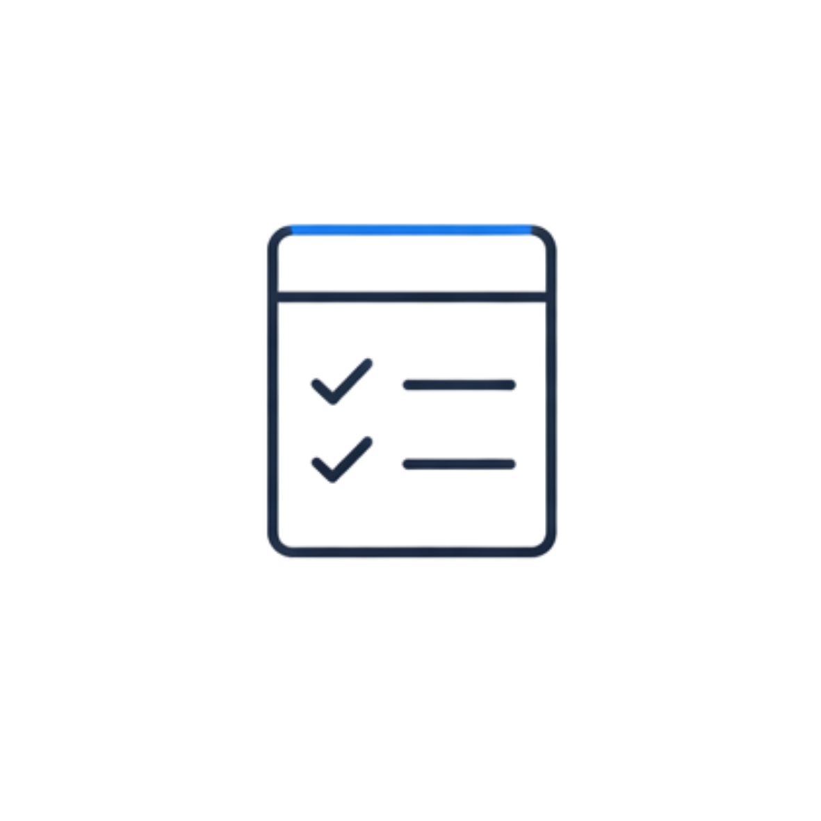 Icon of a checklist with two checked items inside a rectangular outline with a blue top border.