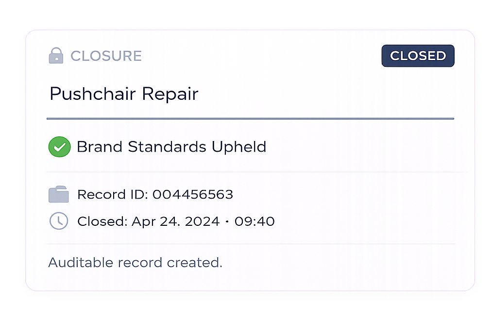 Closure notice for Pushchair Repair marked as closed with brand standards upheld and record ID 004456563, closed on April 24, 2024 at 09:40.