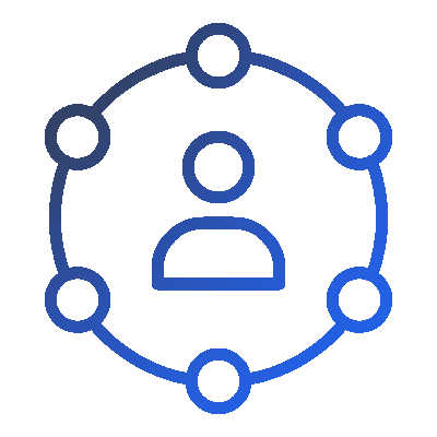 User icon surrounded by six connected nodes forming a circular network.