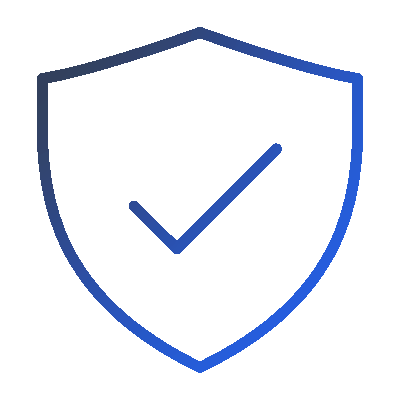 Blue outlined shield with a checkmark inside symbolizing security and protection.