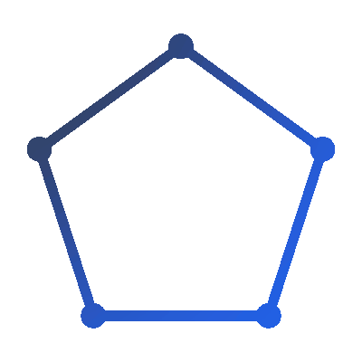 Blue gradient wireframe pentagon shape with nodes at vertices on a dark background.