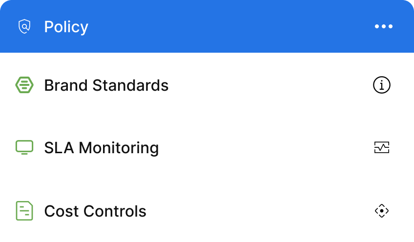Interface panel titled Policy with three items: Brand Standards with info icon, SLA Monitoring with a monitoring icon, and Cost Controls with a controls icon.