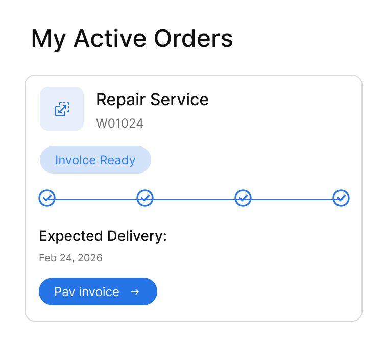 My Active Orders card showing Repair Service with order number W01024, status Involve Ready, all progress steps checked, expected delivery date February 24, 2026, and a blue button labeled Pay invoice.