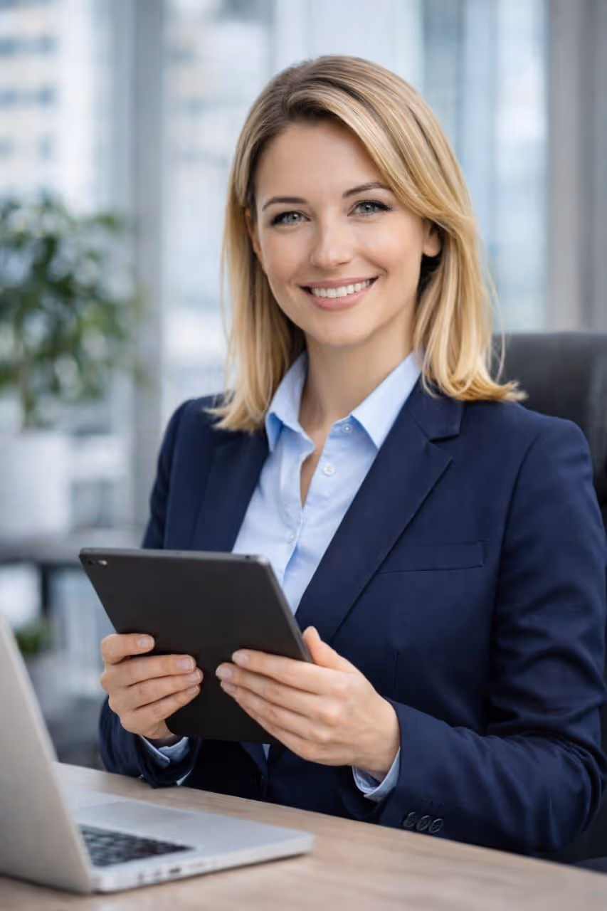 Дівчина брокер по автострахуванню тримає в руках планшет