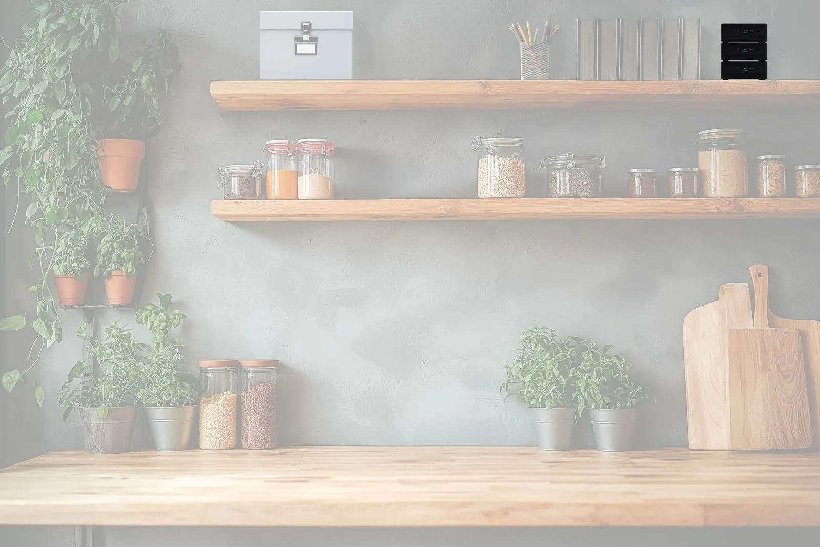 Modern kitchen shelves with jars, herbs, and wooden boards against a gray wall.