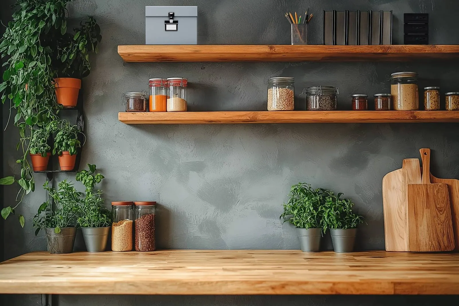 Modern kitchen shelves with jars, herbs, and wooden boards against a gray wall.