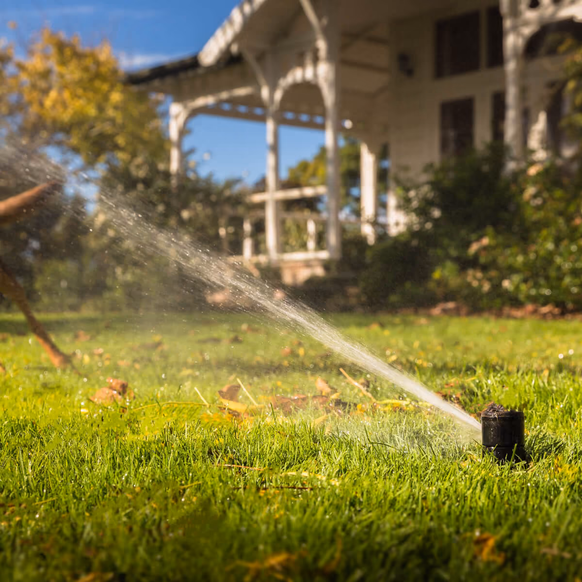 Lawn sprinkler watering a garden