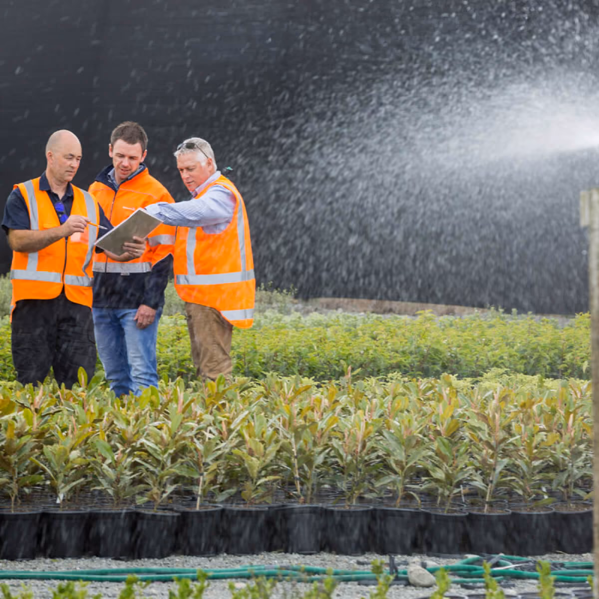 WaterForce staff inspecting irrigation at a plant nursery