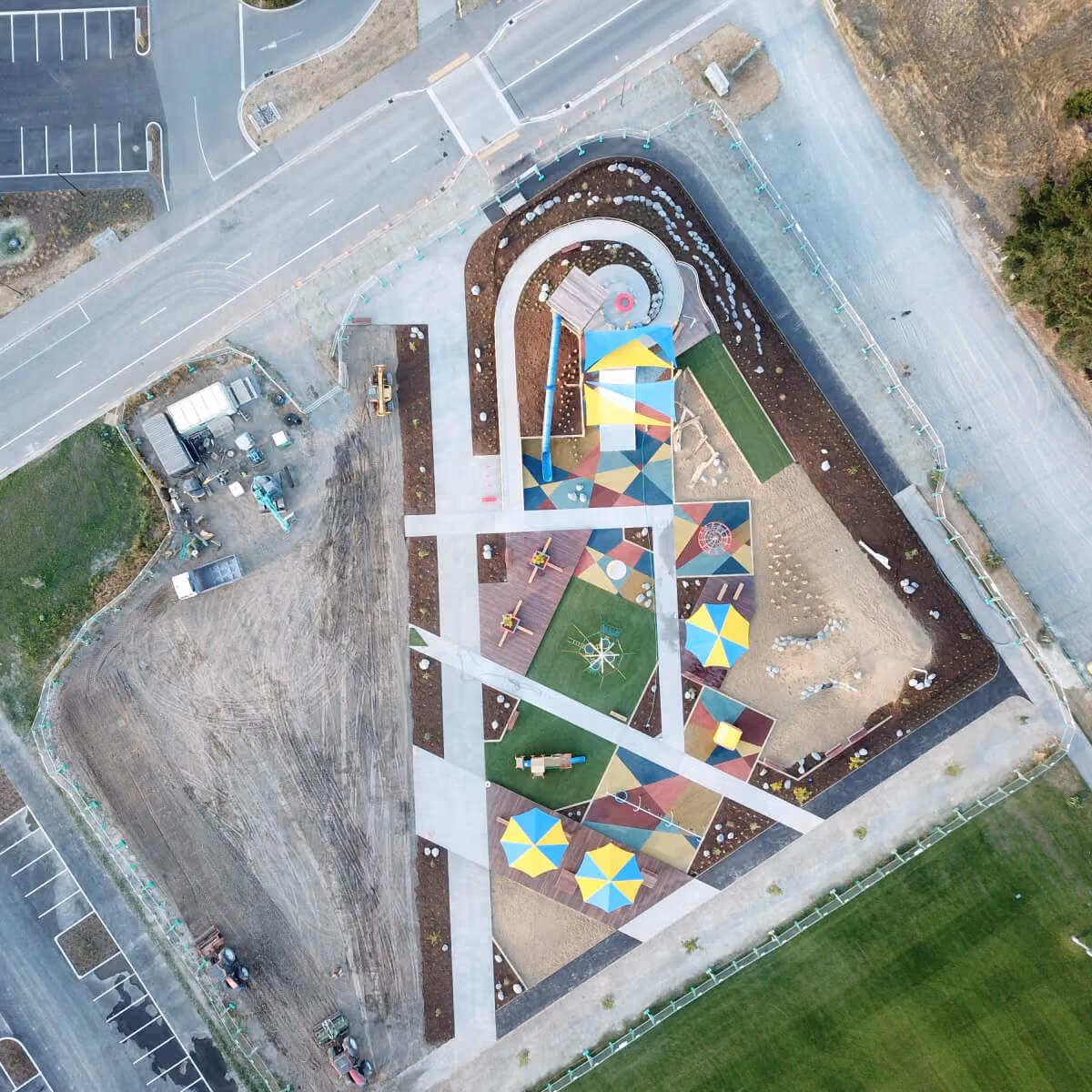 Aerial view of a landscaped public space
