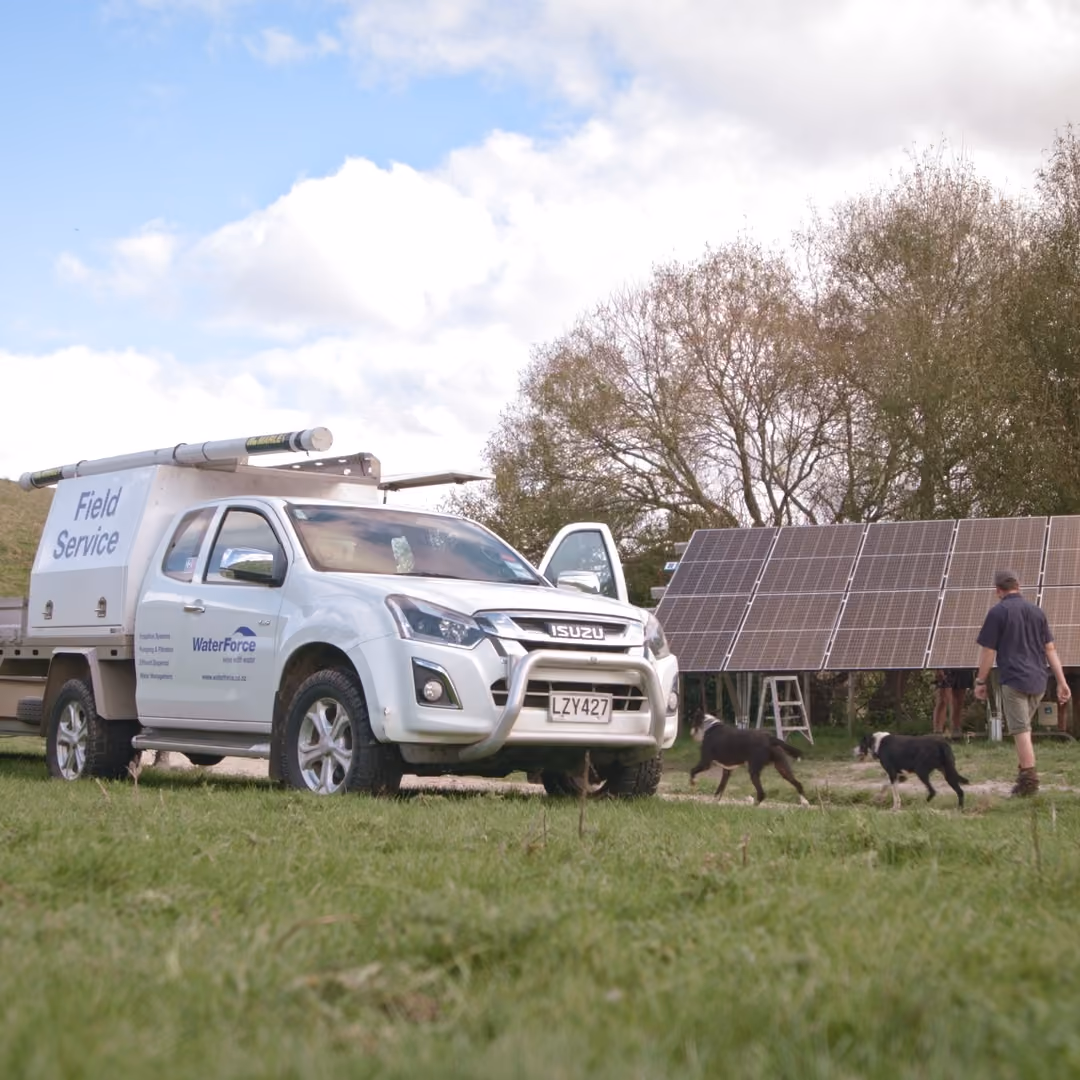WaterForce vehicle beside livestock and solar panels