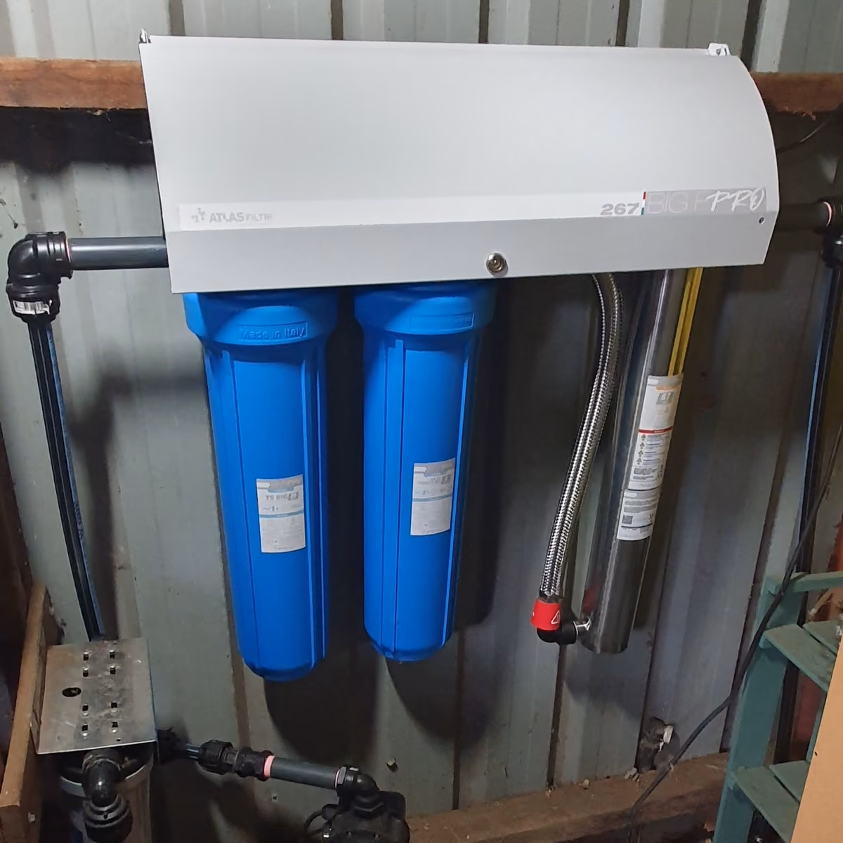 Installed water filtration and UV treatment unit