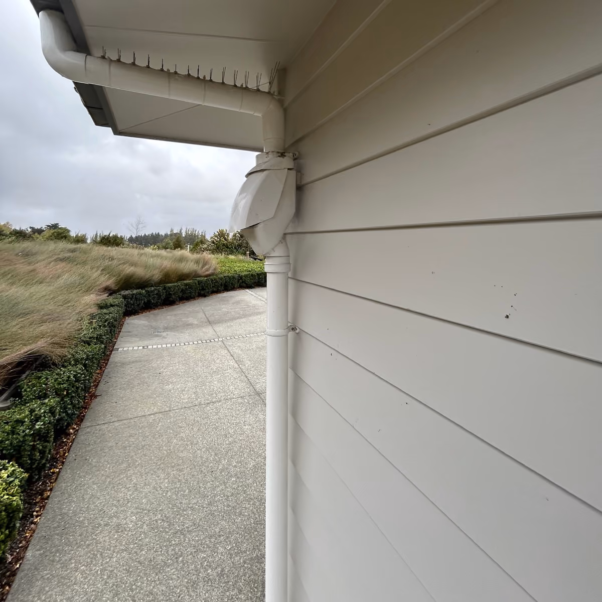 Roof gutter and rainwater collection fitting on a house