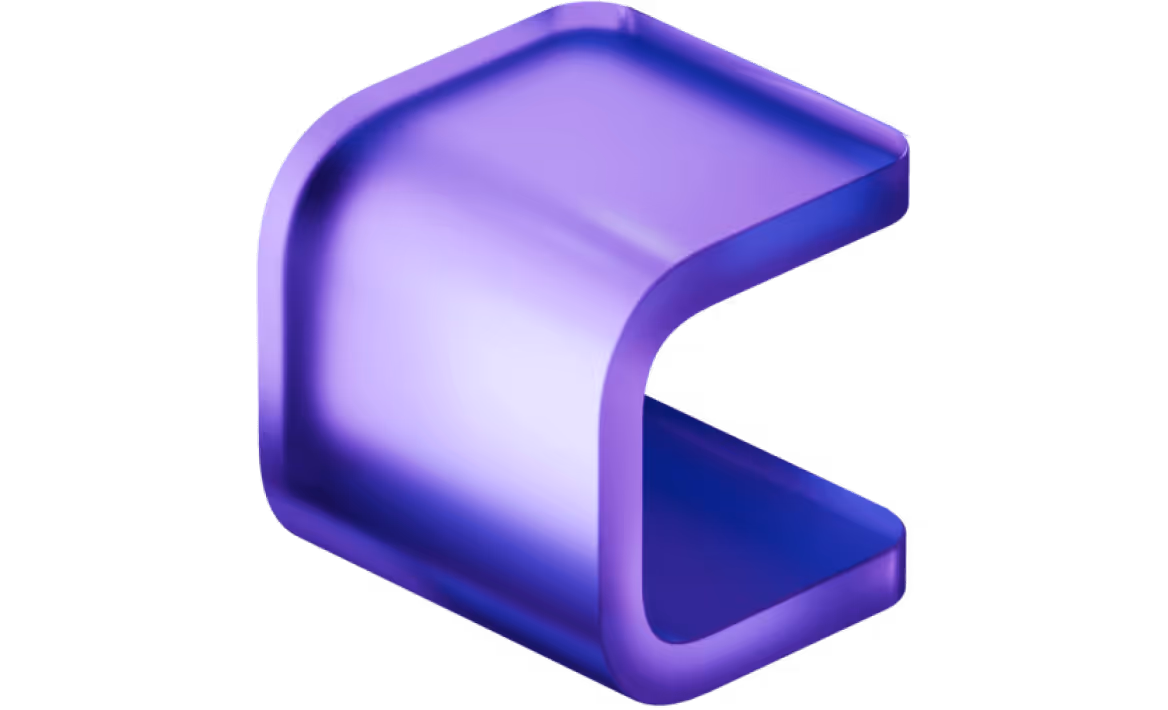 3D purple translucent hollow geometric shape resembling an open curved block.