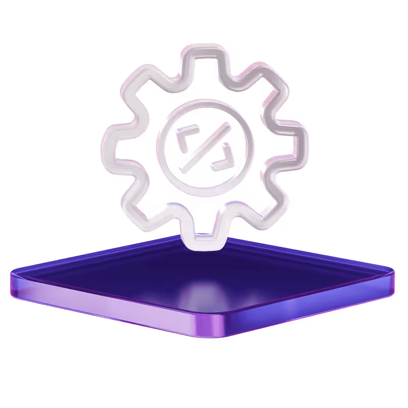 3D gear icon with code brackets and a slash inside, floating above a glossy purple platform.