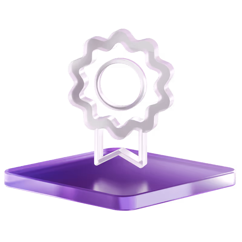 3D translucent purple award ribbon icon standing on a tilted glossy purple square platform against a black background.