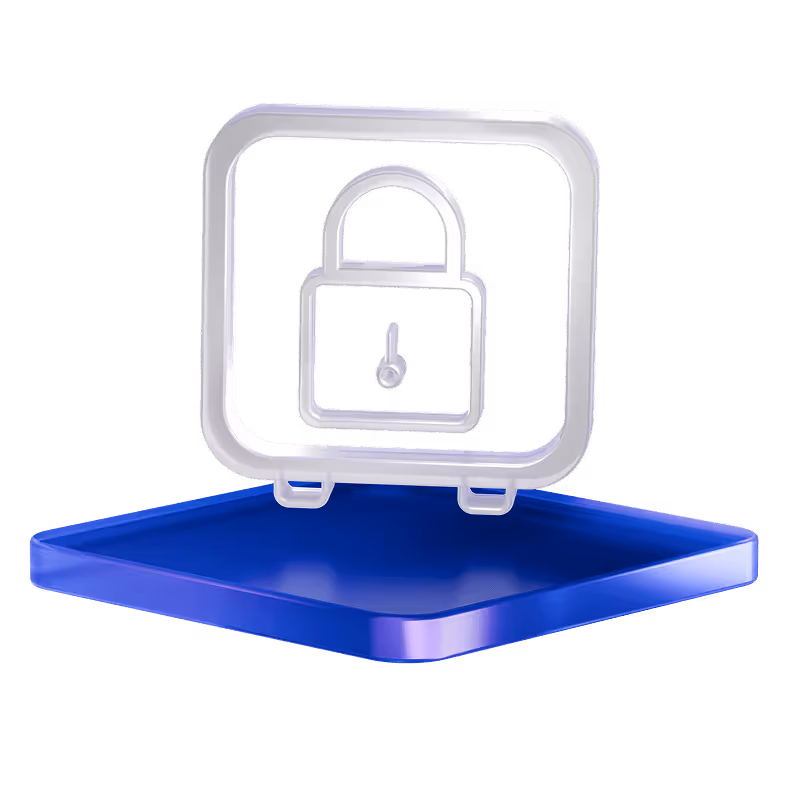 3D illustration of a transparent padlock icon above a blue platform, symbolizing security or protection.