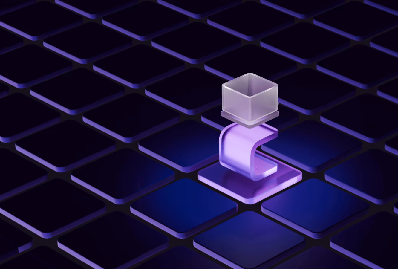 3D abstract purple and translucent icon resembling a twisted ribbon and a square floating above it on a grid of dark purple tiles.