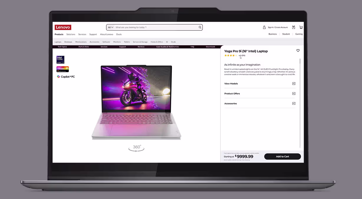 Lenovo Yoga Pro 9i product detail page design on Lenovo.com with 360-degree product view and purchase panel.