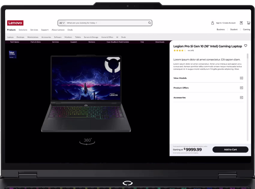 Lenovo Legion Pro 5i gaming laptop product page design with 360-degree view and purchase panel.