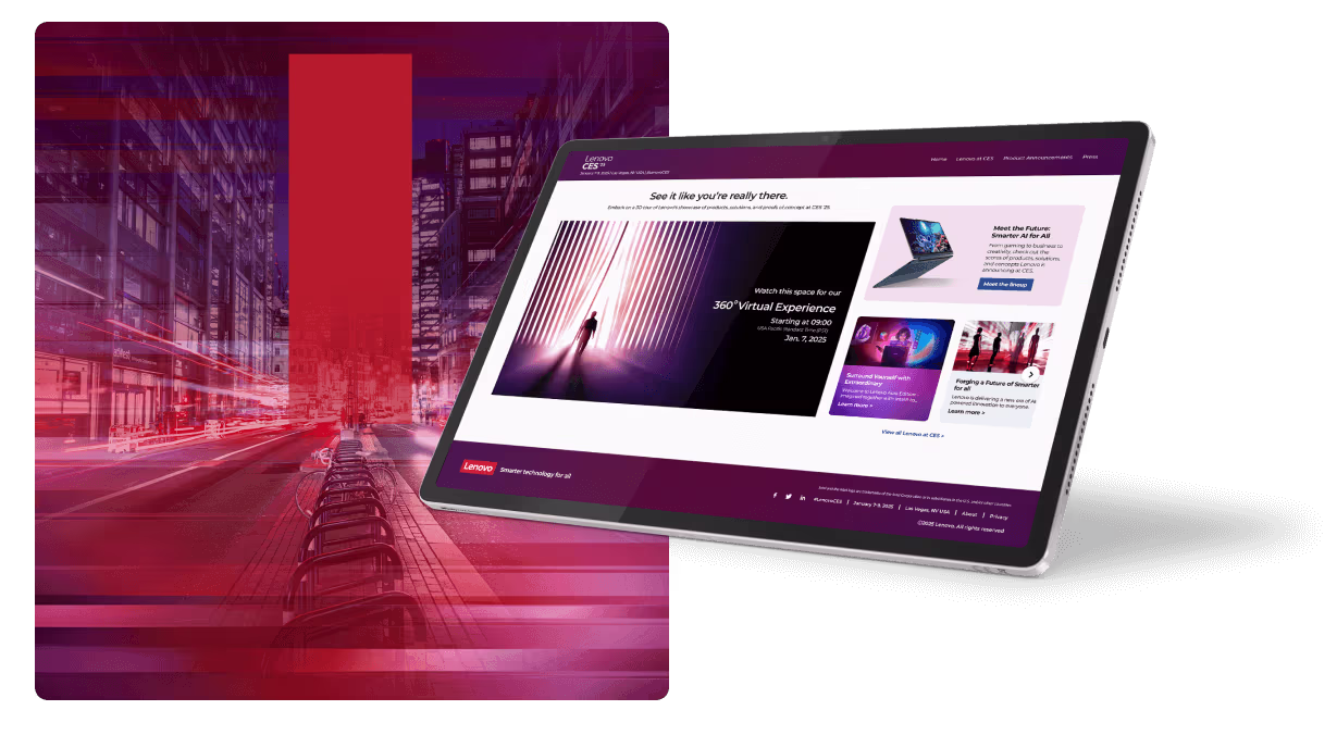 Lenovo CES event website design displayed on tablet with city light background.