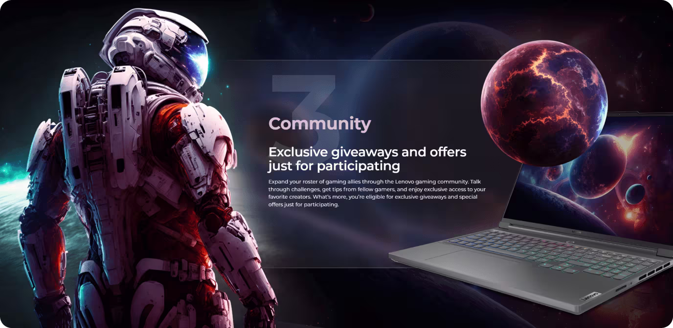 Line art astronaut concept animating into full-color space scene with Lenovo Legion laptop in community blade motion graphic.