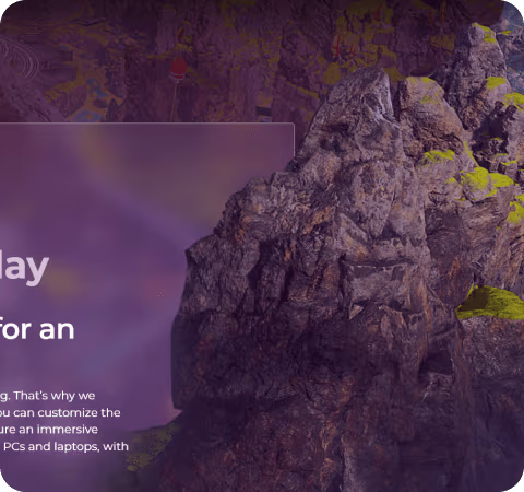 Lenovo gaming campaign section featuring rocky terrain backdrop and immersive gameplay messaging.